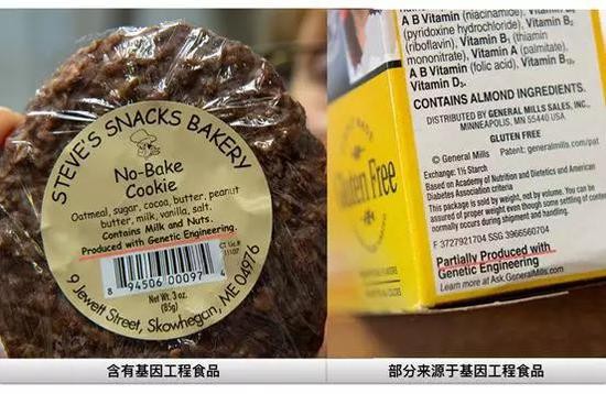 佛蒙特州基因工程食品强制标识实例，根据基因工程食品所占比例的不同采用不同的标识。