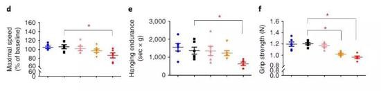 ▲注射了高剂量衰老细胞的小鼠(红色)与对照组(黑色)相比,出现了未老先衰的迹象(图片来源:《Nature Medicine》)