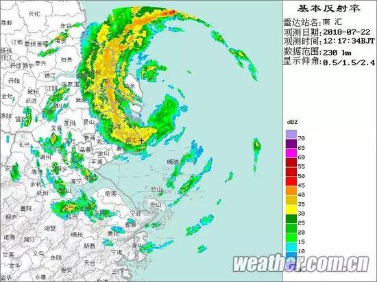 22日12时17分左右上海地区雷达回波图，台风&rdquo;安比&ldquo;正在登陆