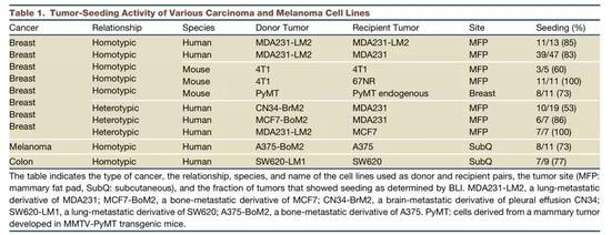 乳腺癌、黑色素瘤和肠癌中的“归巢”现象