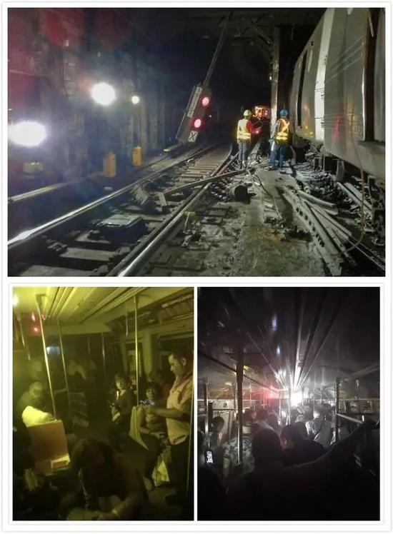 （2017年6月，纽约地铁发生脱轨事故，数百名乘客被困。）