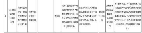 河南中医药大学附属医院使用劣药葡萄糖注射液被罚