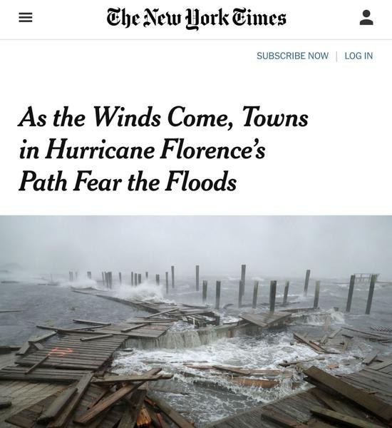 《纽约时报》：风暴来临，飓风“佛罗伦萨”途径城镇惧怕洪灾