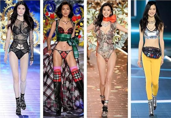 今年维密秀上的中国超模刘雯、何穗、奚梦瑶、陈瑜(图片来源:视觉中国)