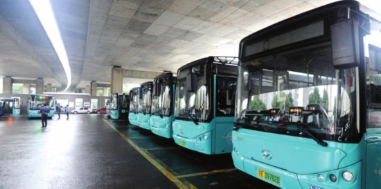 　　昨天，将陆续投放到各条运营线路上的首批80辆纯电动城市公共汽车正式亮相。□记者　杭兴微　摄