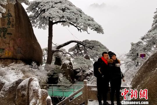 游客与迎客松合影。　刘维刚 摄