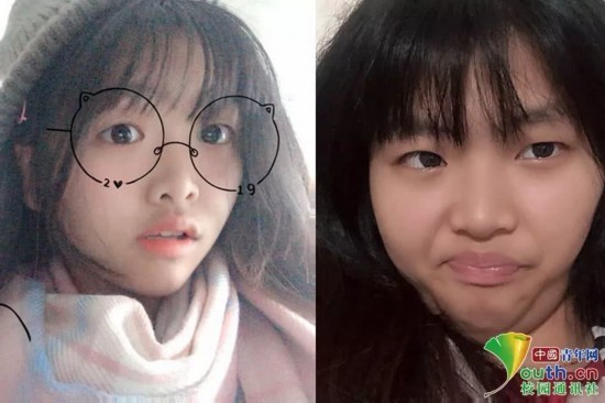 图为盐城工学院学生张玥回家前后的对比照。她说:“在学校里,我想将最完美的一面展现给同学们,每天精致的生活。而回到家,我只想吃吃睡睡,做一个安静的美女。”本人供图