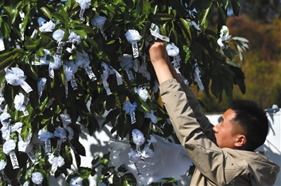 一名当地群众往灵堂外的树上挂白花。