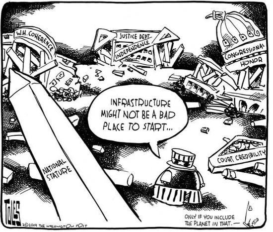 ▲[&ldquo;重建美国&rdquo;]面对&ldquo;国家地位&rdquo;、&ldquo;司法独立&rdquo;、&ldquo;国会荣誉&rdquo;、&ldquo;法庭诚信&rdquo;等轰然倒塌后留下的一片废墟，山姆大叔也感慨或许应该就地重建美国了。（美国《华盛顿邮报》网站）