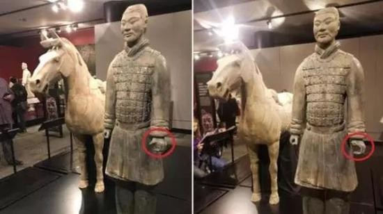 ▲兵马俑被破坏前后照片   