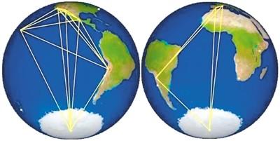 事件视界望远镜由位于四大洲的数个射电望远镜组成，图中的黄色线条为连接这些望远镜的&ldquo;基线&rdquo;，由此构成了一架和地球大小相当的望远镜。（来自事件视界望远镜项目组）