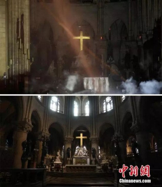  图为大教堂内祭坛和十字架前后对比画面。