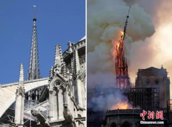 图为大教堂标志性尖塔在大火中被烧毁。