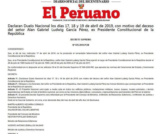 秘鲁政府发布的命令。（图源：《Peruano》网站）