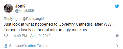 JonK:看看二战后考文垂大教堂发生了什么吧。人们把一个可爱的教堂变成了丑陋的怪物。