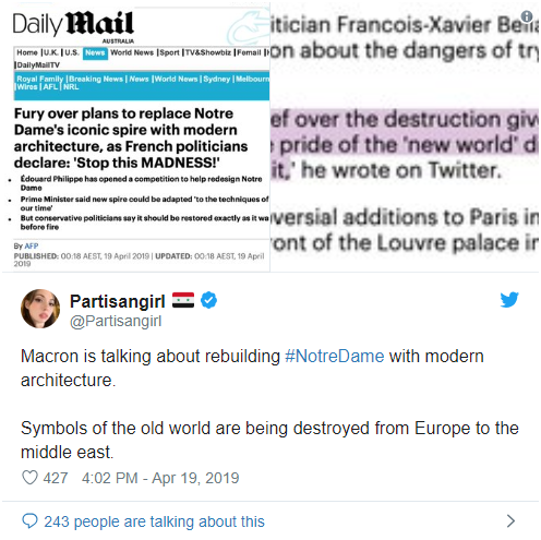 Partisangirl:马克龙正在讨论用现代建筑重建#巴黎圣母院。旧世界的象征正在逐渐被摧毁,从欧洲到中东。