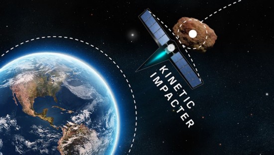 ▲动能撞击器撞击小行星模拟示意图(美国国家航空航天局)
