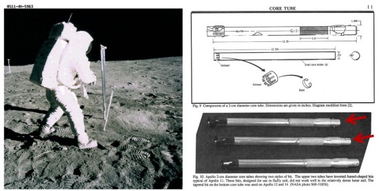 （左）奥尔德林正在进行岩芯采样；（右）阿波罗11号使用的采样管长这样（红色箭头）。来源：NASA