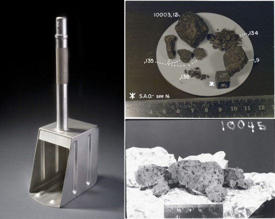 第二次采样所用的铲子和采回的样品示例。来源：美国国家航空航天博物馆&NASA