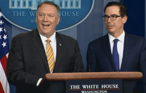 蓬佩奥被问及博尔顿离职时露出了笑容：&ldquo;我一点都不惊讶。&rdquo;一旁的姆努钦也笑了。 BBC截图