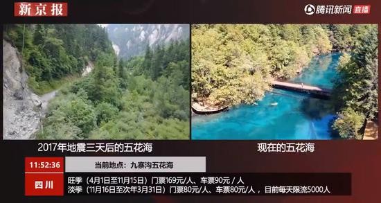 地震后与修复重建后的九寨沟五花海。 新京报我们视频截图