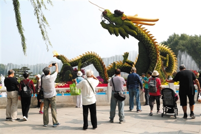 昨日，北海公园，游客在&ldquo;龙腾盛世&rdquo;花坛前拍照留念。新京报记者 侯少卿 摄