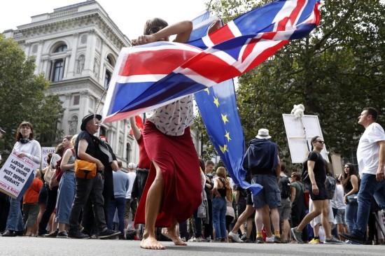  一名反脱欧人士挥舞欧盟和英国国旗。（图源：美联社）