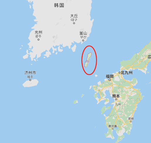 　　红圈处为对马岛（谷歌地图）