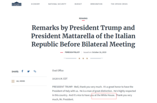  （白宫网站公开的特朗普与马塔雷拉在白宫举行记者会的实录截图）