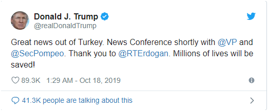  特朗普推特截图，他称停火协议让&ldquo;数百万人生命得以拯救&rdquo;