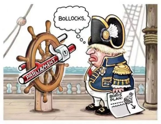  ▲[僵局]英国首相鲍里斯&middot;约翰逊拿着&ldquo;鲍里斯计划&rdquo;，无奈地看着被&ldquo;议会&rdquo;锁住的船舵说：&ldquo;糟心。&rdquo;（漫画原载美国《一周》周刊网站）
