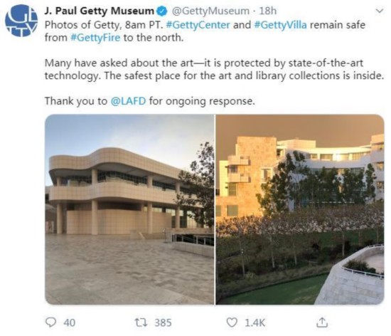 加州野火发生时的美国盖蒂中心博物馆。 来源:盖蒂中心博物馆社交媒体账户截图