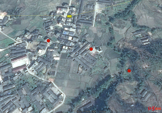  图中三个红点从左往右依次为曾爱朋家、曾观慈家老屋、曾观慈家族祠堂