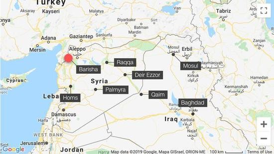  红点为巴格达迪最后藏身地点，伊德利卜省巴里沙村地图/CNN