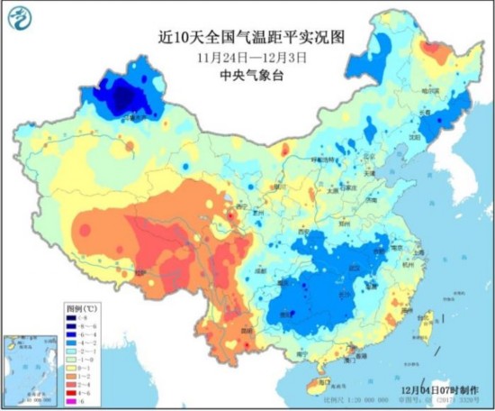 近10天全国气温距平实况图 来源:中央气象台