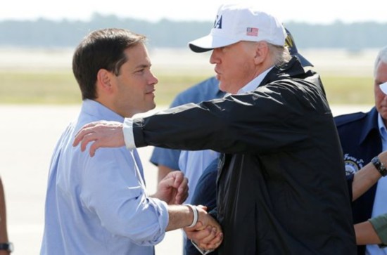 美国总统唐纳德&middot;特朗普 在2017年9月14日抵达美国佛罗里达州迈尔斯堡的西南佛罗里达国际机场，该州参议员马尔科&middot;鲁比奥问候特朗普并汇报飓风艾尔玛（Irma）救灾工作情况。图片来源视觉中国