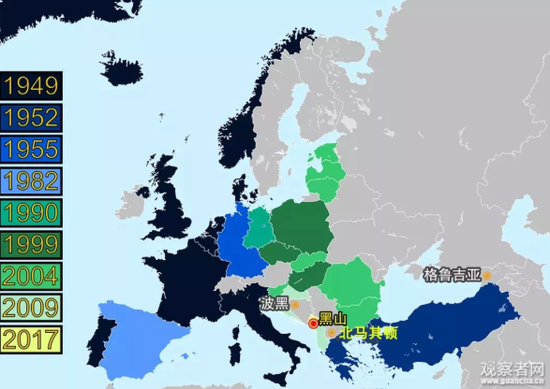 北约成员图，左侧为加入时间