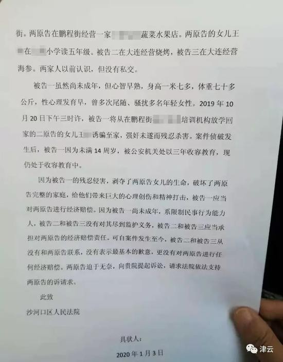 王章夫妇向法院提交的起诉状