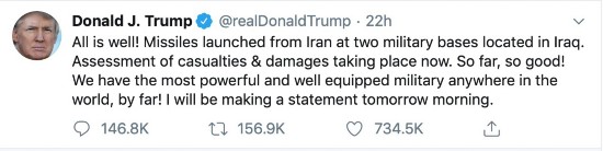 袭击发生后，特朗普在和国安官员紧急会面后发了一条推特，核心是&ldquo;一切都好。推特截图