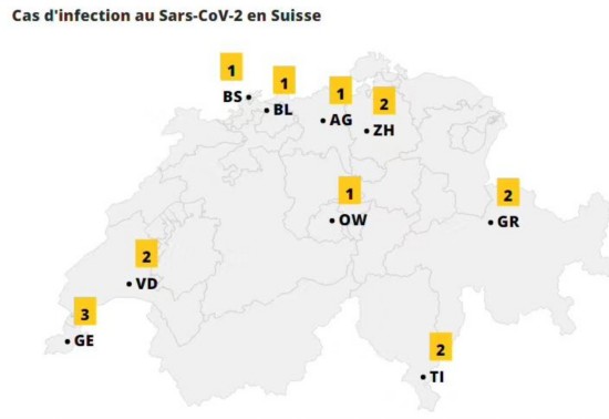 △瑞士确诊病例分布图(图片来源:瑞士国家电视台官网)