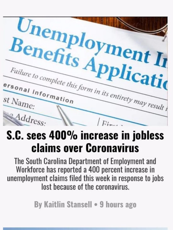  南卡州因失业而去申请领取失业保险的人增加了400%