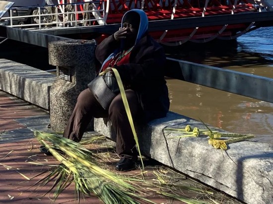  有人用当地产的甜草编玫瑰、篮子等摆摊出售，很有老南方特色　摄|胡健