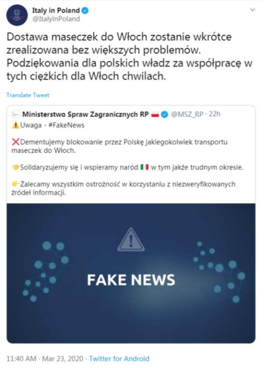  △图为意大利驻波兰大使馆转发波兰外交部的声明