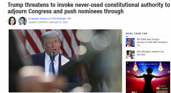 △CNN报道，特朗普称，由于国会对高级官员任命的阻碍，以致影响了抗疫工作