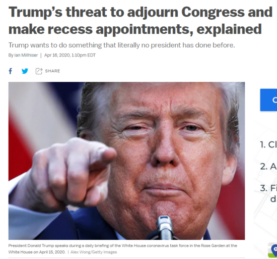 △VOX 新闻网评论称，如果特朗普动用宪法权力让国会休会，以进行&ldquo;休会任命&rdquo;，将得不偿失