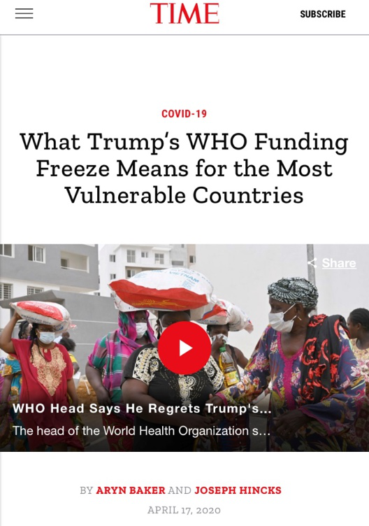 △美国《时代周刊》认为,特朗普断资世卫组织,会使发展中国家的公共卫生问题雪上加霜