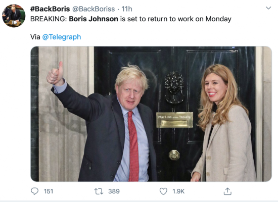 《电讯报》称约翰逊将于下周一返回工作岗位。