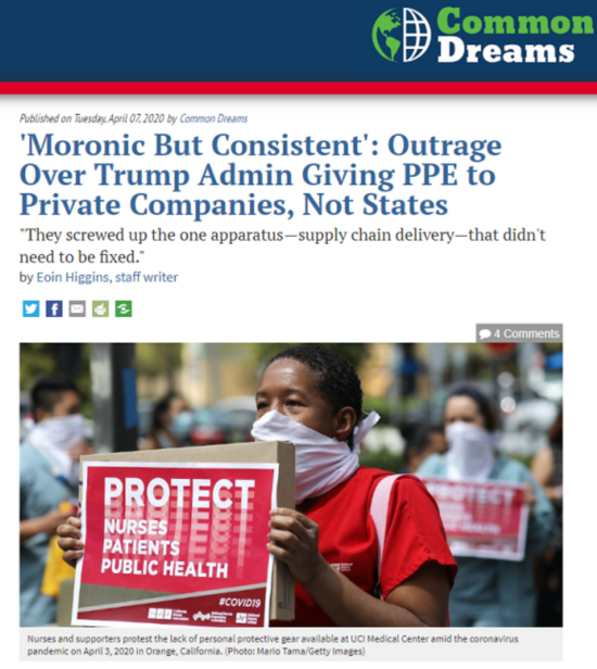 △&ldquo;共同梦想&rdquo;网站刊文指责特朗普政府将个人防护用品给向私企而非州政府