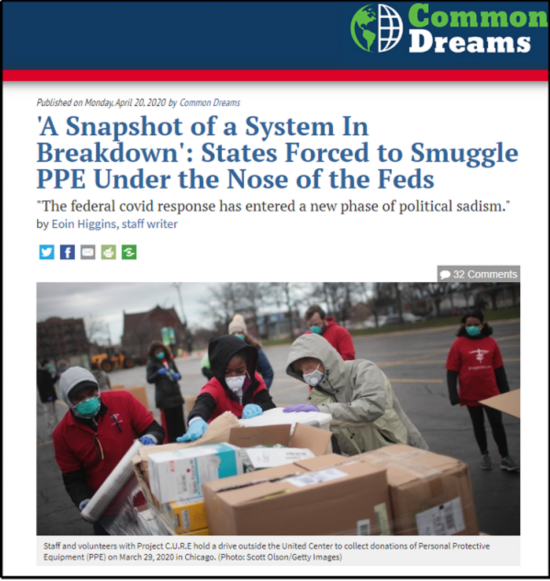 △&ldquo;共同梦想&rdquo;网站刊文报道了州政府被迫瞒着联邦政府偷运防护用品的窘状