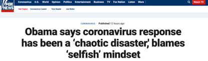 福克斯新闻网报道截图 奥巴马批评特朗普抗疫举措是“混乱的灾难”